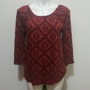 Lucky Brand Red Geometric Print 3/4 Sleeve Top